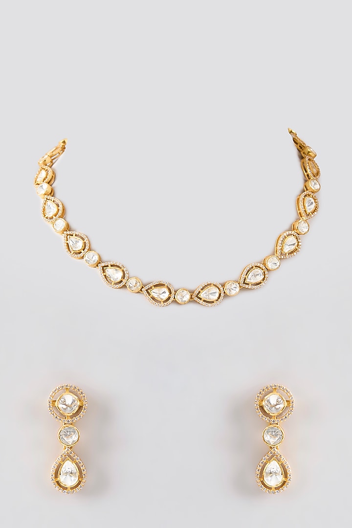 Gold Plated White Kundan Polki Handcrafted Necklace Set In Sterling Silver by KARISA DESIGNS at Pernia's Pop Up Shop