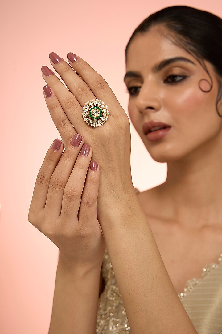 Gold Plated White Kundan Polki Handcrafted Adjustable Ring In Sterling Silver by KARISA DESIGNS at Pernia's Pop Up Shop