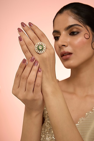 Gold Plated White Kundan Polki Handcrafted Adjustable Ring In Sterling Silver by KARISA DESIGNS