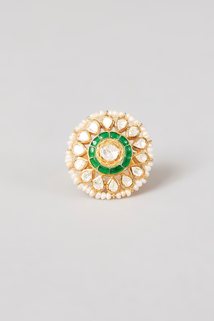 Gold Plated White Kundan Polki Handcrafted Adjustable Ring In Sterling Silver by KARISA DESIGNS at Pernia's Pop Up Shop