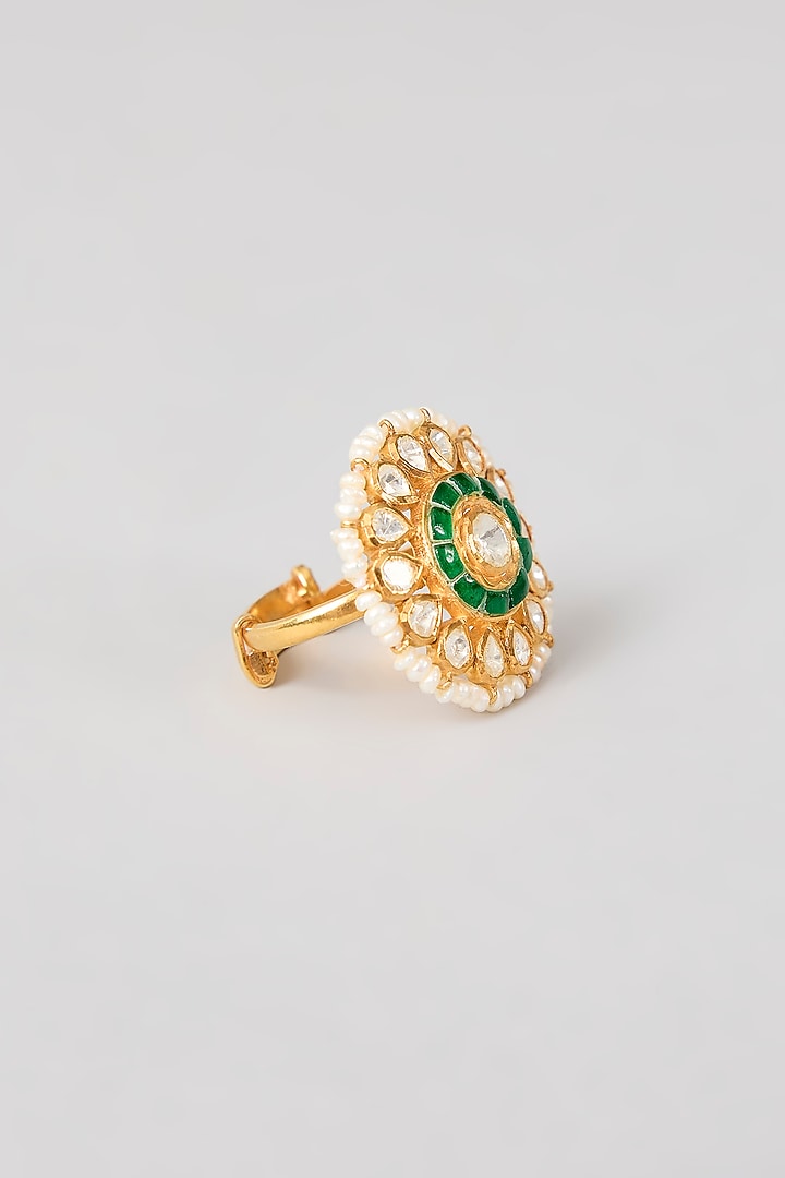 Gold Plated White Kundan Polki Handcrafted Adjustable Ring In Sterling Silver by KARISA DESIGNS at Pernia's Pop Up Shop