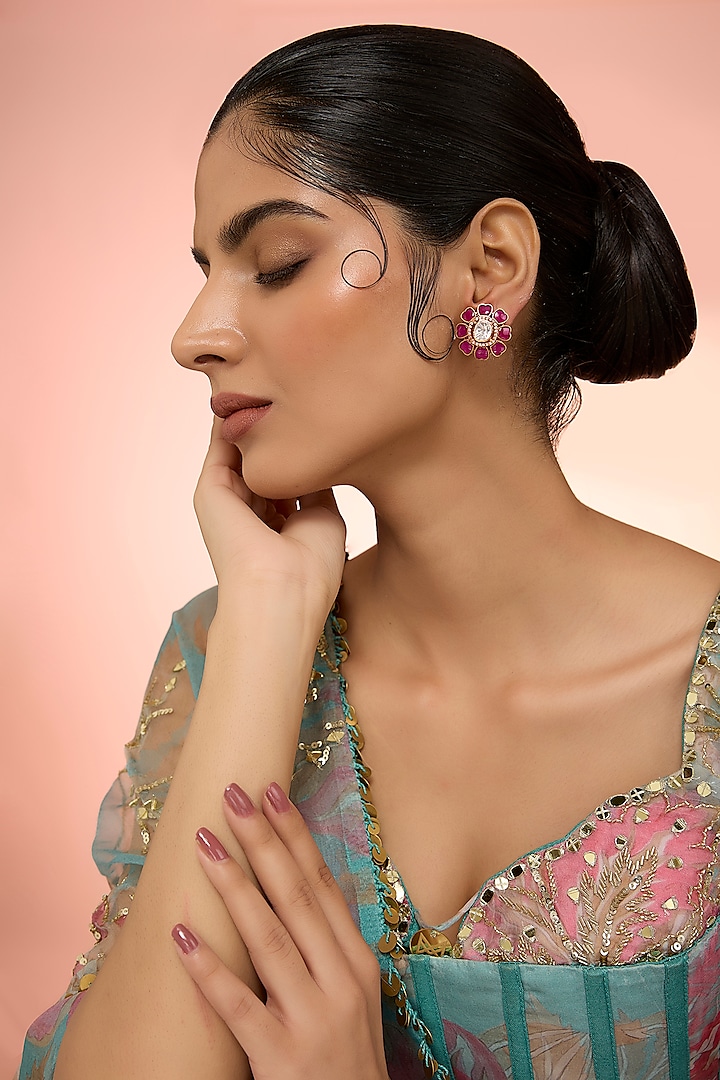 Gold Plated Red Kundan Polki Handcrafted Stud Earrings In Sterling Silver by KARISA DESIGNS at Pernia's Pop Up Shop