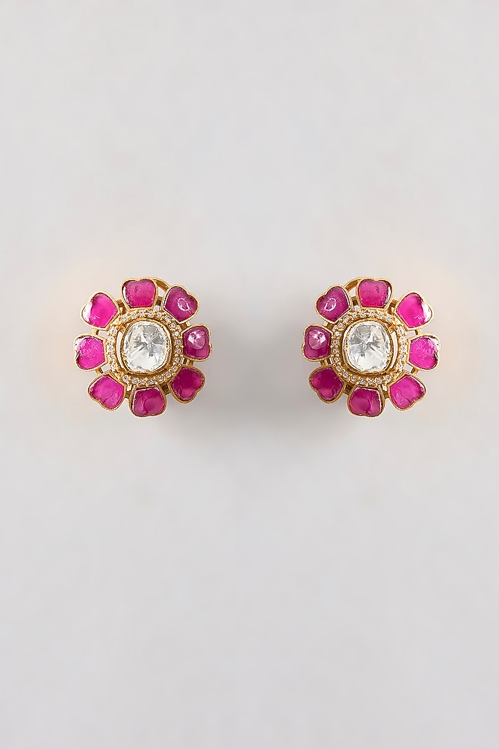 Gold Plated Red Kundan Polki Handcrafted Stud Earrings In Sterling Silver by KARISA DESIGNS at Pernia's Pop Up Shop