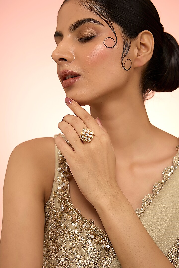 Gold Plated White Kundan Polki Handcrafted Adjustable Ring In Sterling Silver by KARISA DESIGNS at Pernia's Pop Up Shop
