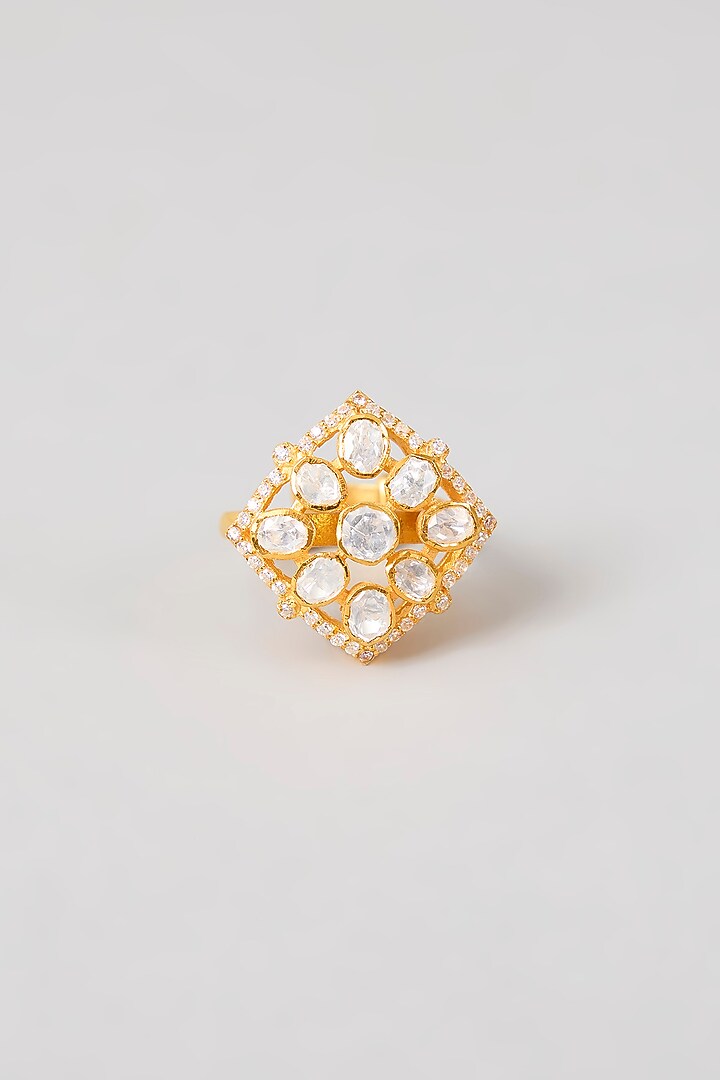 Gold Plated White Kundan Polki Handcrafted Adjustable Ring In Sterling Silver by KARISA DESIGNS at Pernia's Pop Up Shop