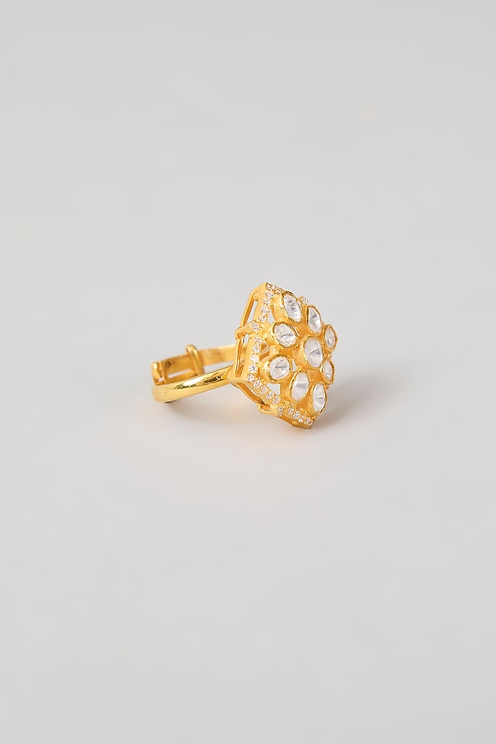 Gold Plated White Kundan Polki Handcrafted Adjustable Ring In Sterling Silver by KARISA DESIGNS at Pernia's Pop Up Shop