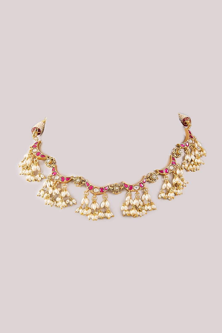 Gold Plated Green Kundan Polki Handcrafted Necklace In Sterling Silver by KARISA DESIGNS at Pernia's Pop Up Shop