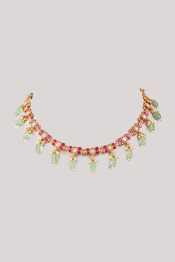 Gold Plated Green Kundan Polki Handcrafted Necklace In Sterling Silver by KARISA DESIGNS at Pernia's Pop Up Shop