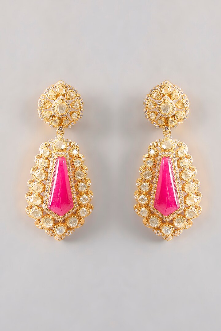 Gold Plated Red Kundan Polki Handcrafted Dangler Earrings In Sterling Silver by KARISA DESIGNS at Pernia's Pop Up Shop