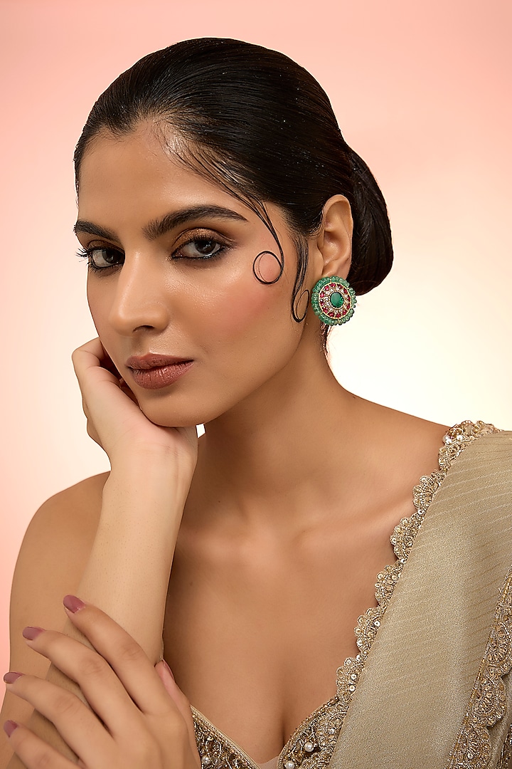 Gold Plated Green Kundan Polki Handcrafted Stud Earrings In Sterling Silver by KARISA DESIGNS at Pernia's Pop Up Shop