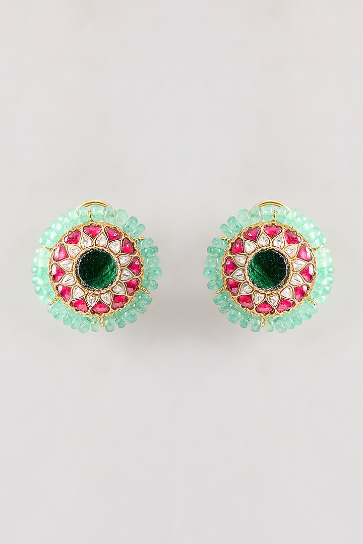 Gold Plated Green Kundan Polki Handcrafted Stud Earrings In Sterling Silver by KARISA DESIGNS at Pernia's Pop Up Shop