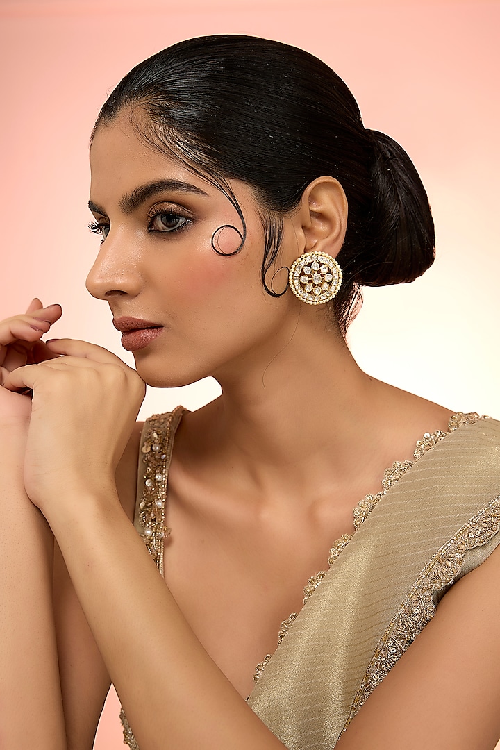 Gold Plated White Kundan Polki Handcrafted Stud Earrings In Sterling Silver by KARISA DESIGNS at Pernia's Pop Up Shop