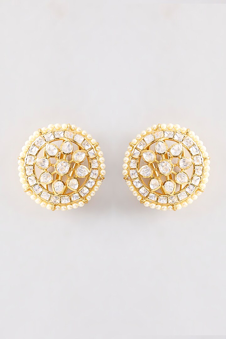Gold Plated White Kundan Polki Handcrafted Stud Earrings In Sterling Silver by KARISA DESIGNS at Pernia's Pop Up Shop