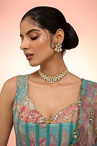 Gold Plated Green Kundan Polki Handcrafted Necklace Set In Sterling Silver by KARISA DESIGNS