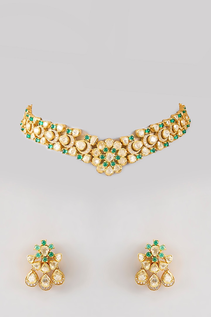 Gold Plated Green Kundan Polki Handcrafted Necklace Set In Sterling Silver by KARISA DESIGNS at Pernia's Pop Up Shop