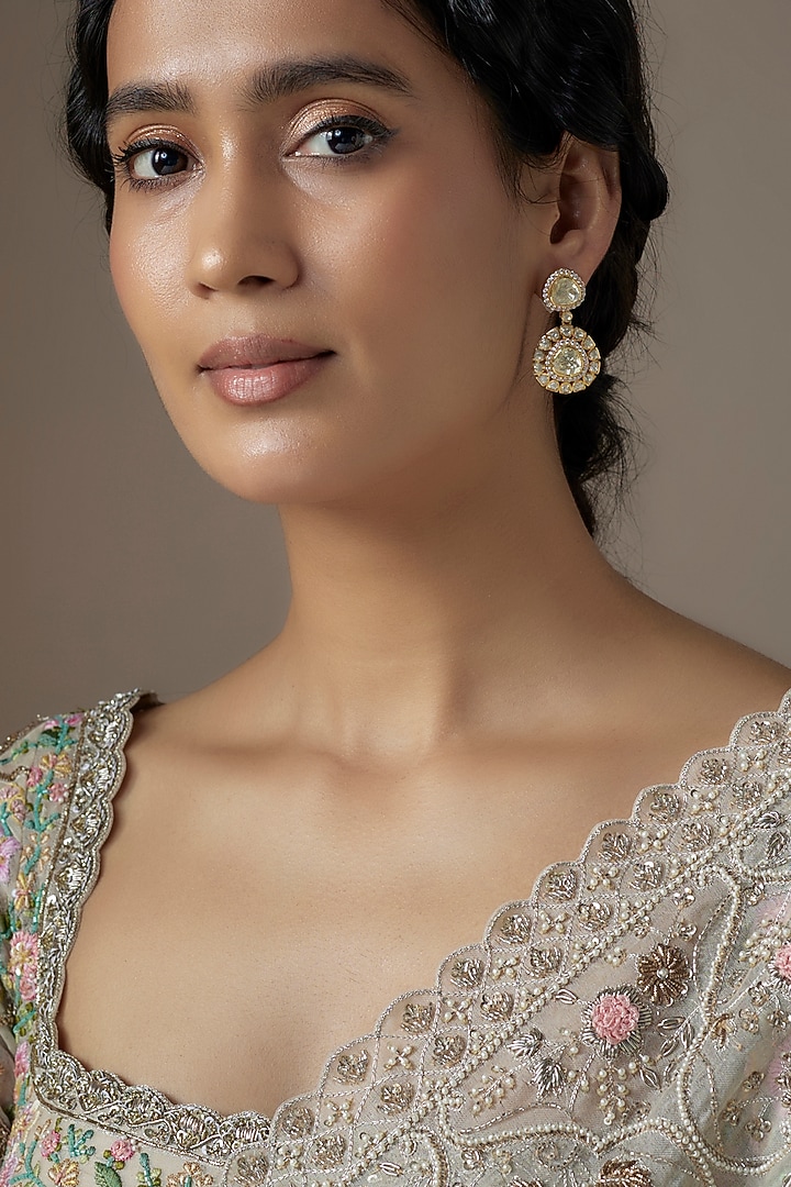 Gold Finish Moissanite Polki Dangler Earrings In Sterling Silver by KARISA DESIGNS at Pernia's Pop Up Shop