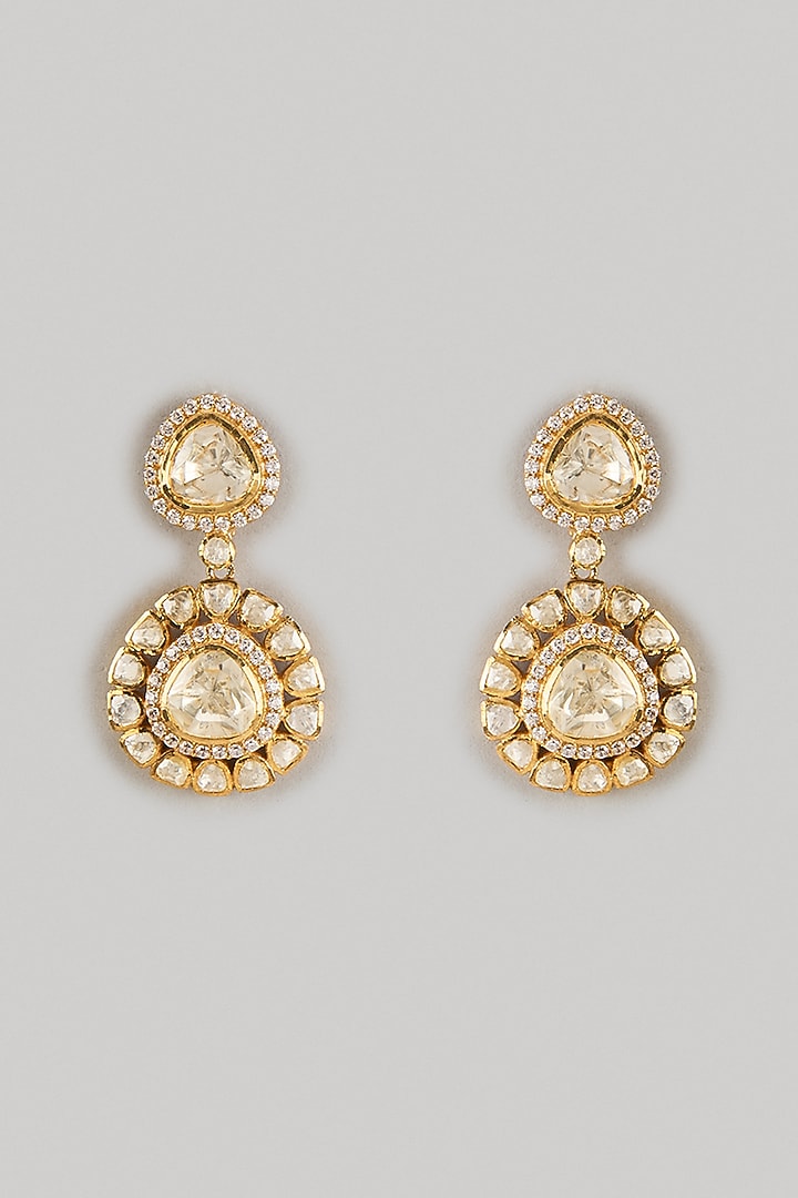 Gold Finish Moissanite Polki Dangler Earrings In Sterling Silver by KARISA DESIGNS at Pernia's Pop Up Shop