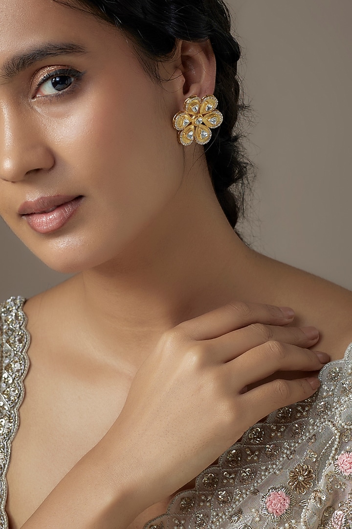 Gold Finish Moissanite Polki Stud Earrings In Sterling Silver by KARISA DESIGNS at Pernia's Pop Up Shop