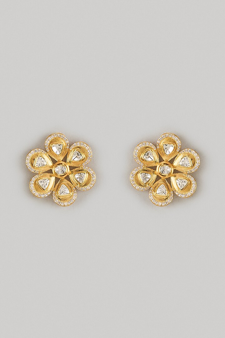 Gold Finish Moissanite Polki Stud Earrings In Sterling Silver by KARISA DESIGNS at Pernia's Pop Up Shop