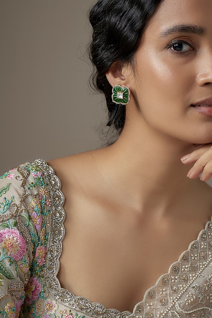 Gold Finish Green Moissanite Polki Stud Earrings In Sterling Silver by KARISA DESIGNS at Pernia's Pop Up Shop