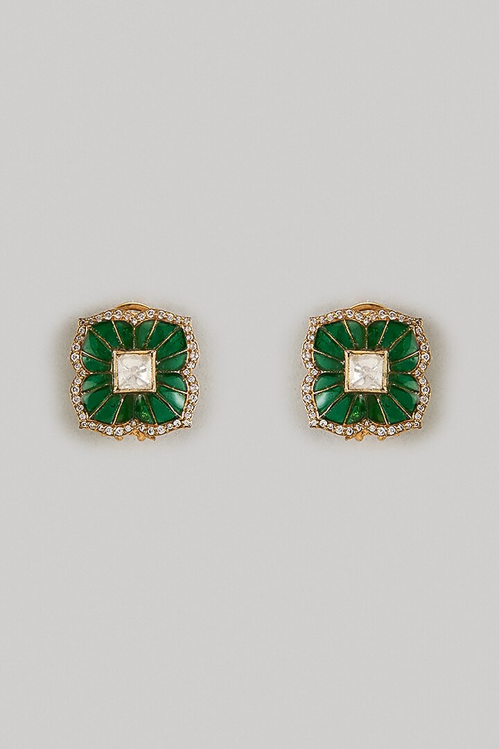 Gold Finish Green Moissanite Polki Stud Earrings In Sterling Silver by KARISA DESIGNS at Pernia's Pop Up Shop
