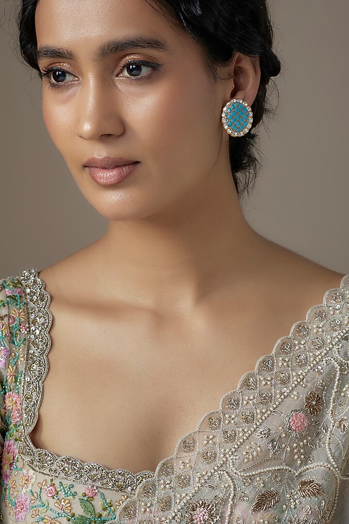 Gold Finish Turquoise Kundan Polki Stud Earrings In Sterling Silver by KARISA DESIGNS at Pernia's Pop Up Shop