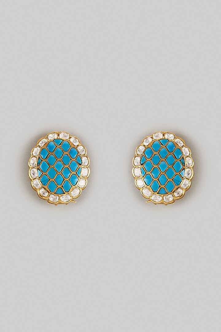 Gold Finish Turquoise Kundan Polki Stud Earrings In Sterling Silver by KARISA DESIGNS at Pernia's Pop Up Shop
