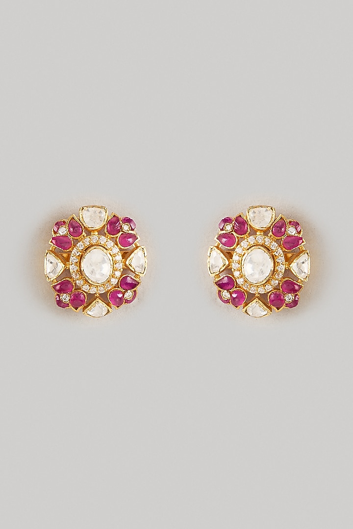 Gold Finish Red Moissanite Polki Stud Earrings In Sterling Silver by KARISA DESIGNS at Pernia's Pop Up Shop