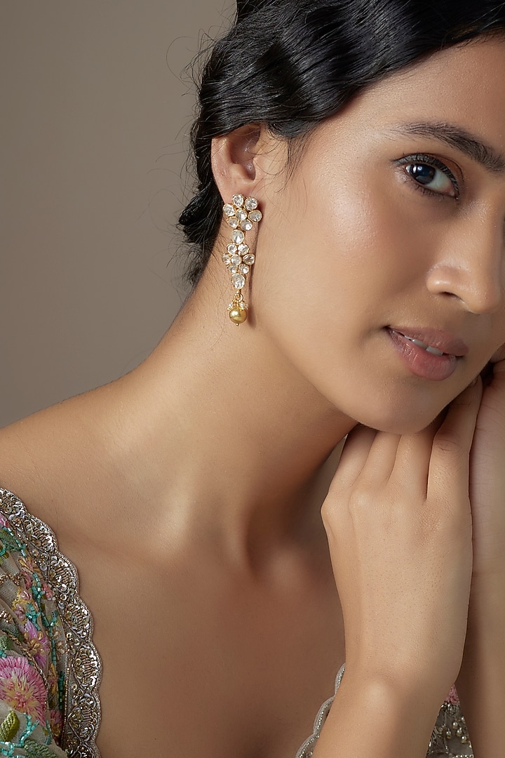 Gold Finish Moissanite Polki Dangler Earrings In Sterling Silver by KARISA DESIGNS at Pernia's Pop Up Shop