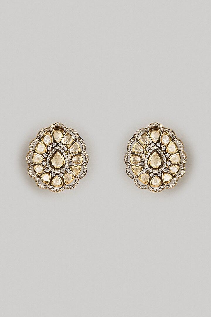 Black Rhodium Finish Moissanite Polki Stud Earrings In Sterling Silver by KARISA DESIGNS at Pernia's Pop Up Shop