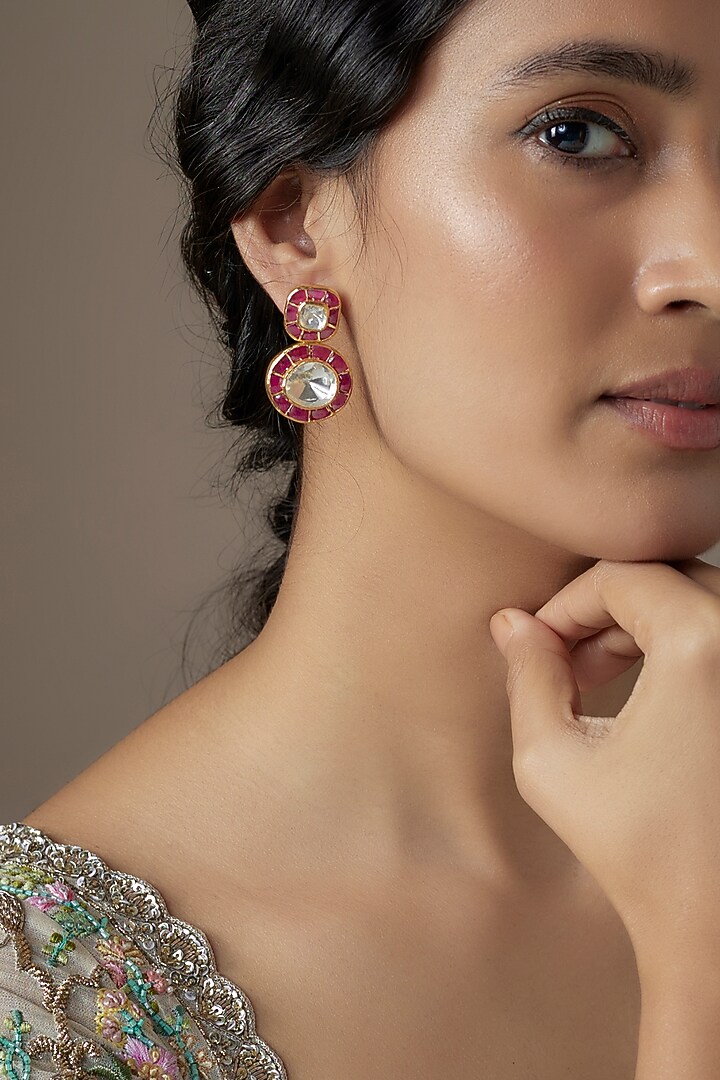 Gold Finish Red Moissanite Polki Dangler Earrings In Sterling Silver by KARISA DESIGNS at Pernia's Pop Up Shop