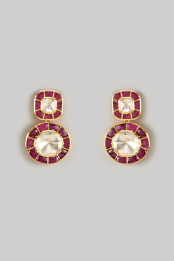 Gold Finish Red Moissanite Polki Dangler Earrings In Sterling Silver by KARISA DESIGNS at Pernia's Pop Up Shop
