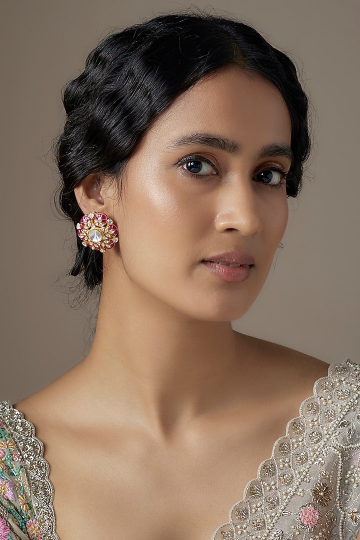 Gold Finish Red Moissanite Polki Stud Earrings In Sterling Silver by KARISA DESIGNS at Pernia's Pop Up Shop