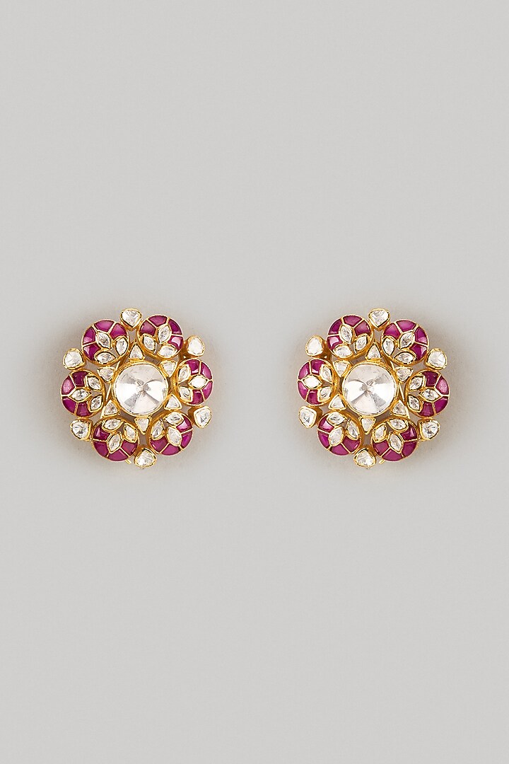 Gold Finish Red Moissanite Polki Stud Earrings In Sterling Silver by KARISA DESIGNS at Pernia's Pop Up Shop
