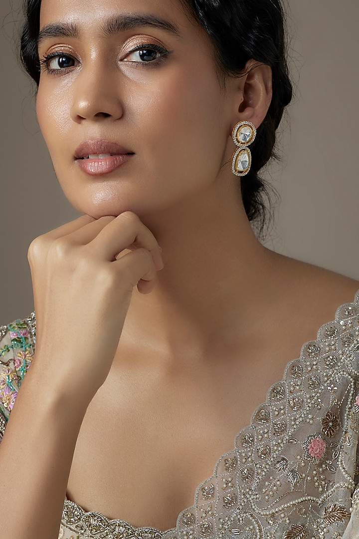 Gold Finish Moissanite Polki Dangler Earrings In Sterling Silver by KARISA DESIGNS at Pernia's Pop Up Shop