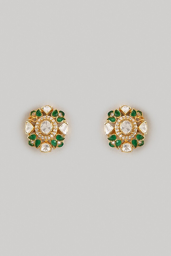 Gold Finish Green Moissanite Polki Stud Earrings In Sterling Silver by KARISA DESIGNS at Pernia's Pop Up Shop