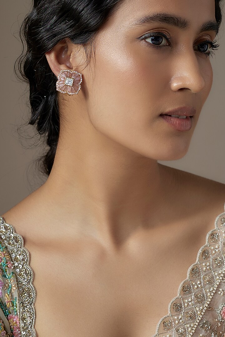 Gold Finish Pink Moissanite Polki Stud Earrings In Sterling Silver by KARISA DESIGNS at Pernia's Pop Up Shop