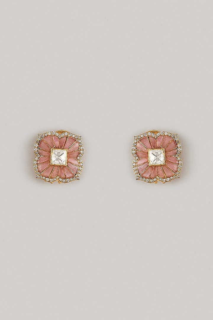 Gold Finish Pink Moissanite Polki Stud Earrings In Sterling Silver by KARISA DESIGNS at Pernia's Pop Up Shop