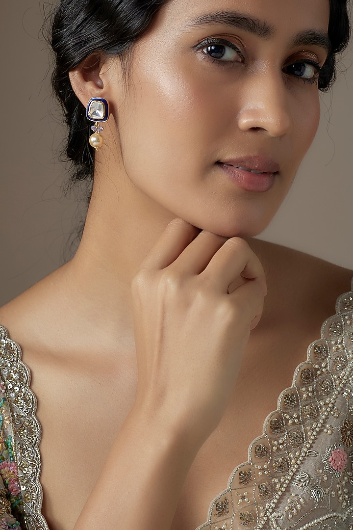 Gold Finish Blue Moissanite Polki Dangler Earrings In Sterling Silver by KARISA DESIGNS at Pernia's Pop Up Shop