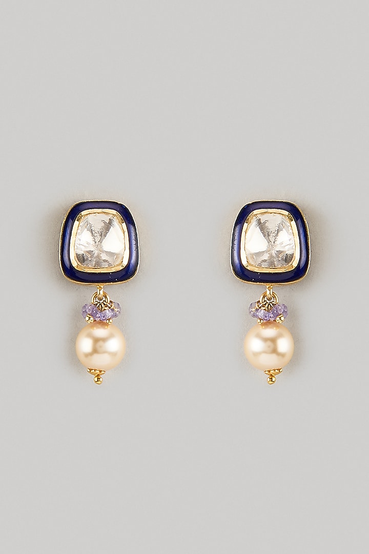 Gold Finish Blue Moissanite Polki Dangler Earrings In Sterling Silver by KARISA DESIGNS at Pernia's Pop Up Shop