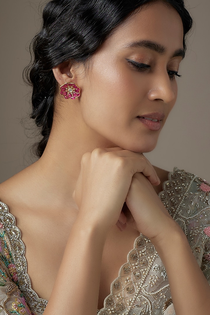 Gold Finish Red Moissanite Polki Stud Earrings In Sterling Silver by KARISA DESIGNS at Pernia's Pop Up Shop