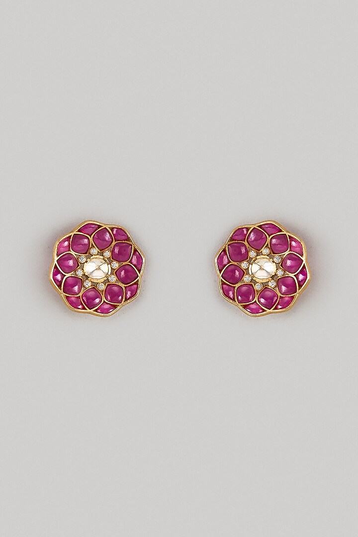 Gold Finish Red Moissanite Polki Stud Earrings In Sterling Silver by KARISA DESIGNS at Pernia's Pop Up Shop