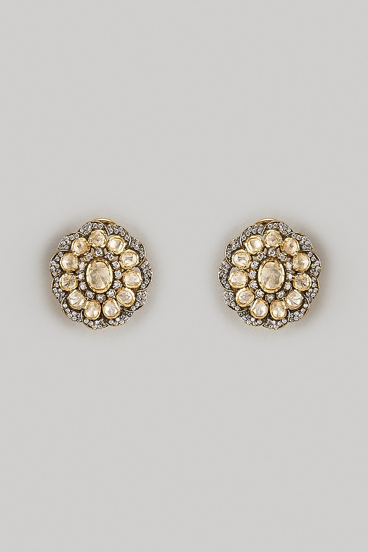 Black Rhodium Finish Moissanite Polki Stud Earrings In Sterling Silver by KARISA DESIGNS at Pernia's Pop Up Shop
