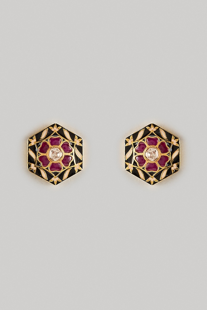 Gold Finish Red Kundan Polki Enameled Stud Earrings In Sterling Silver by KARISA DESIGNS at Pernia's Pop Up Shop