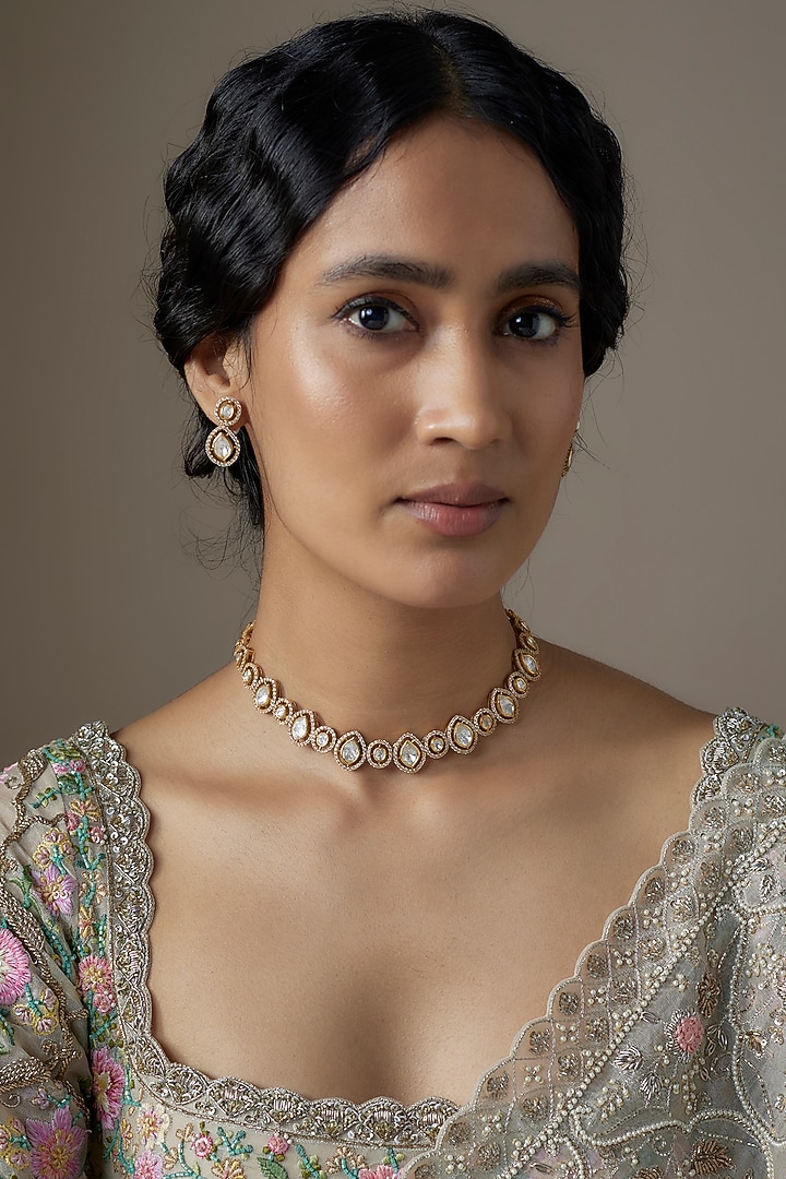 Gold Finish Moissanite Polki Necklace Set In Sterling Silver by KARISA DESIGNS at Pernia's Pop Up Shop