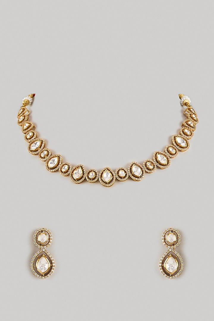 Gold Finish Moissanite Polki Necklace Set In Sterling Silver by KARISA DESIGNS at Pernia's Pop Up Shop