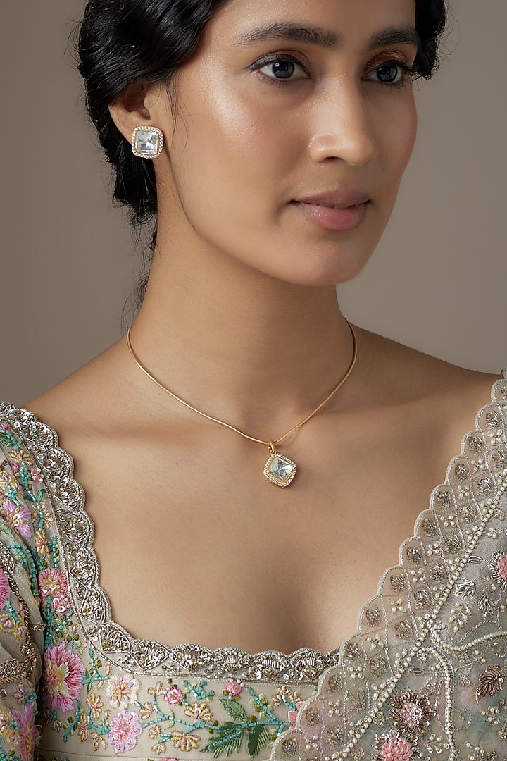 Gold Finish Moissanite Polki Necklace Set In Sterling Silver by KARISA DESIGNS at Pernia's Pop Up Shop