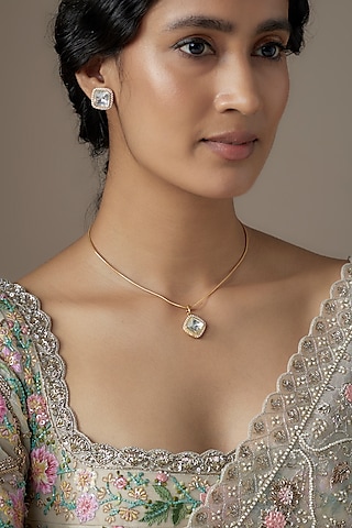 Gold Finish Moissanite Polki Necklace Set In Sterling Silver by KARISA DESIGNS