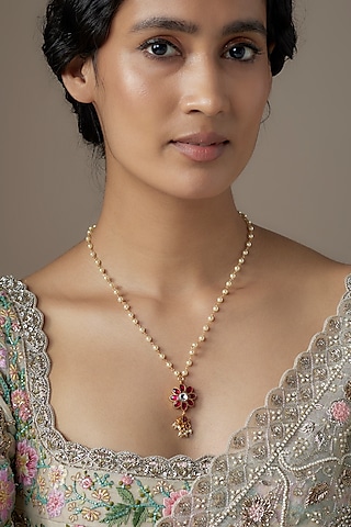 Gold Finish Red Kundan Polki & Pearl Necklace In Sterling Silver by KARISA DESIGNS