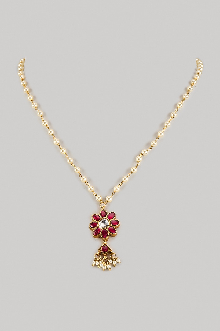 Gold Finish Red Kundan Polki & Pearl Necklace In Sterling Silver by KARISA DESIGNS at Pernia's Pop Up Shop